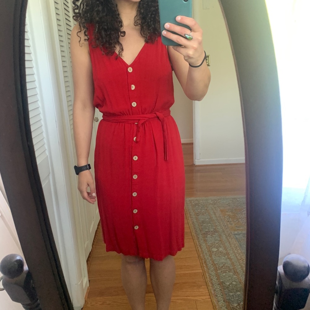 Linen blend red button up summer dress